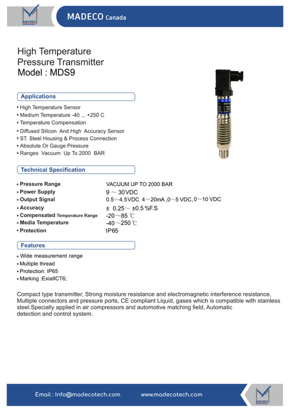 ترانسمیتر فشار دمای بالا مدکو کانادا MDS9، خروجی 4-20mA (رنج ۰ تا ۲۵ بار)