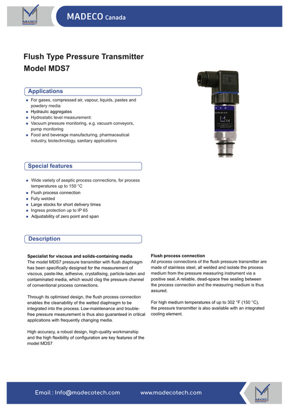 ترانسمیتر فشار دیافراگمی فلاش دمای بالا مدکو کانادا MDS7، خروجی 4-20mA (رنج ۰ تا ۱۰ بار)