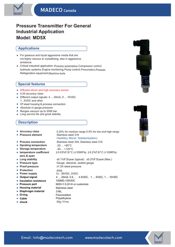 ترانسمیتر فشار مدکو کانادا MD5X، خروجی 0-10V (رنج ۰ تا ۲۵ بار)