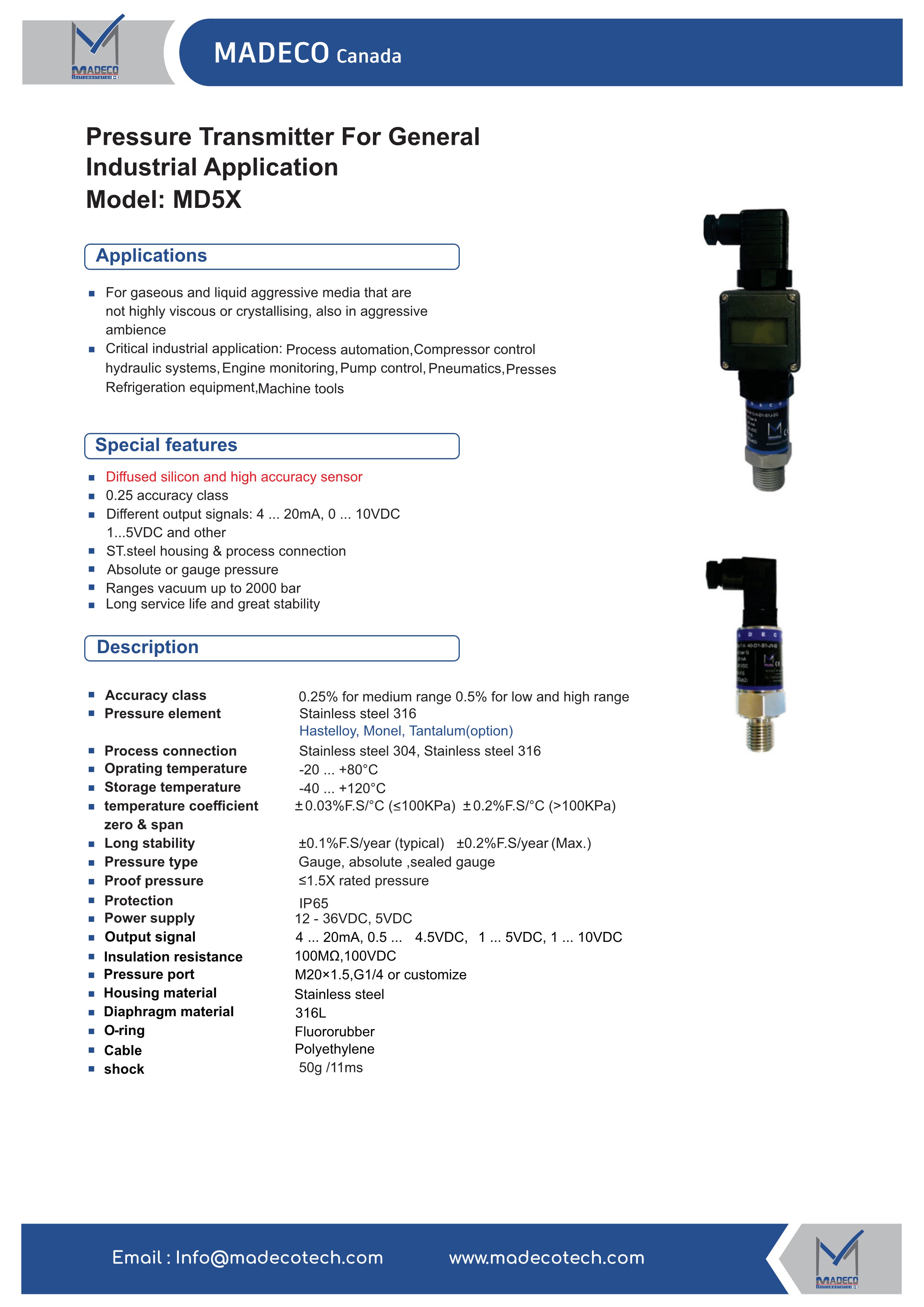 ترانسمیتر فشار مدکو کانادا MD5X، خروجی 4-20mA (رنج ۱- تا ۱۰ بار)