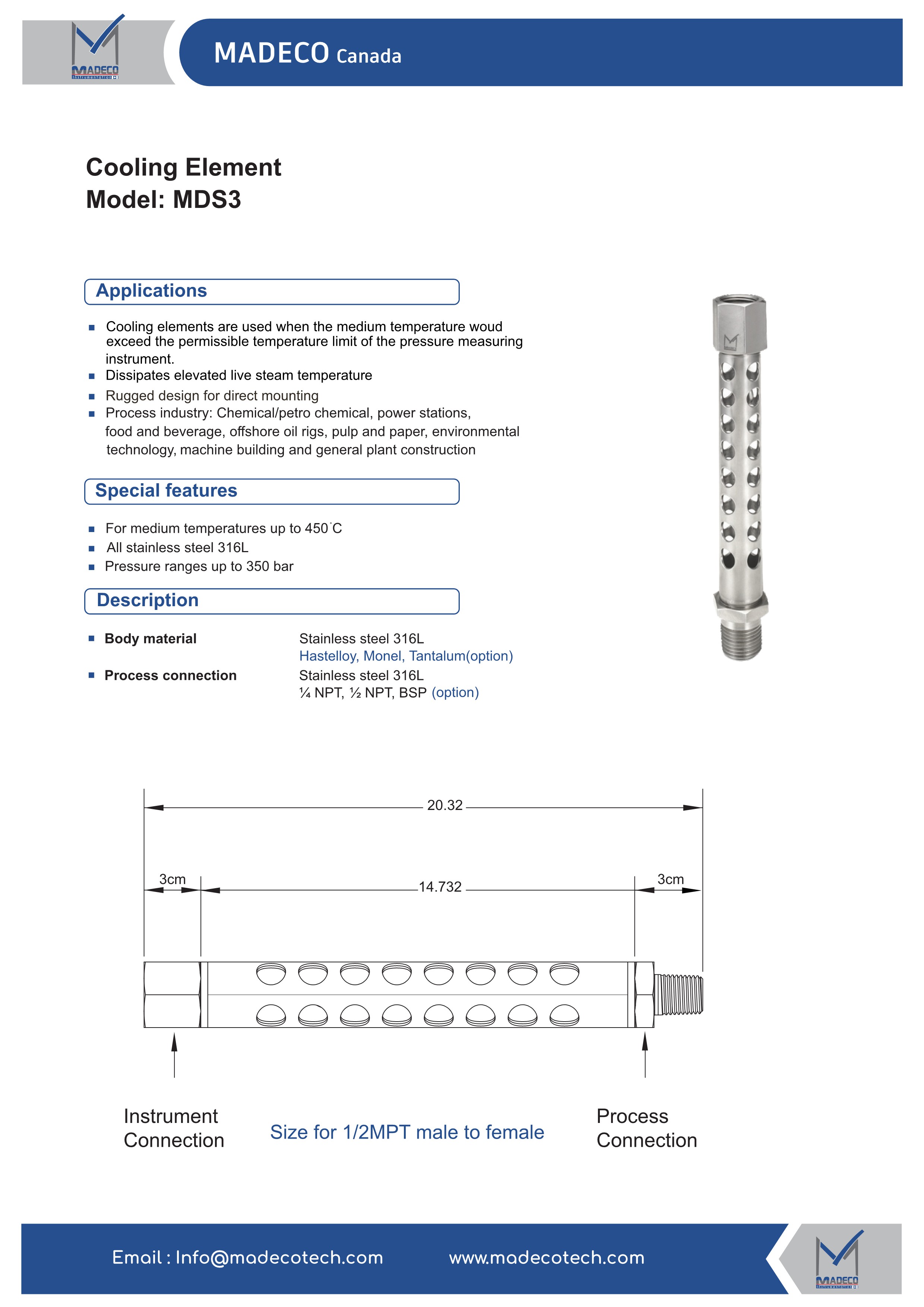 کولینگ سیستم (خنککننده گیج) تمام استیل 316L مدکو کانادا MDS3 (مدل بلند اتصال 1/2 اینچ)