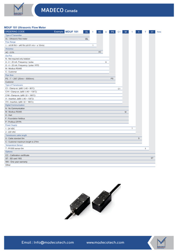فلومتر آلتراسونیک کلمپی مایعات مدکو کانادا MDUF101، دقت ۰.۵٪ (نسخه دمای بالا High Temp)