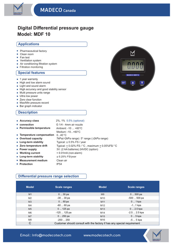 گیج تفاضلی فشار دیجیتال مدکو مدل MDTF10 (30- تا 30+ pa)